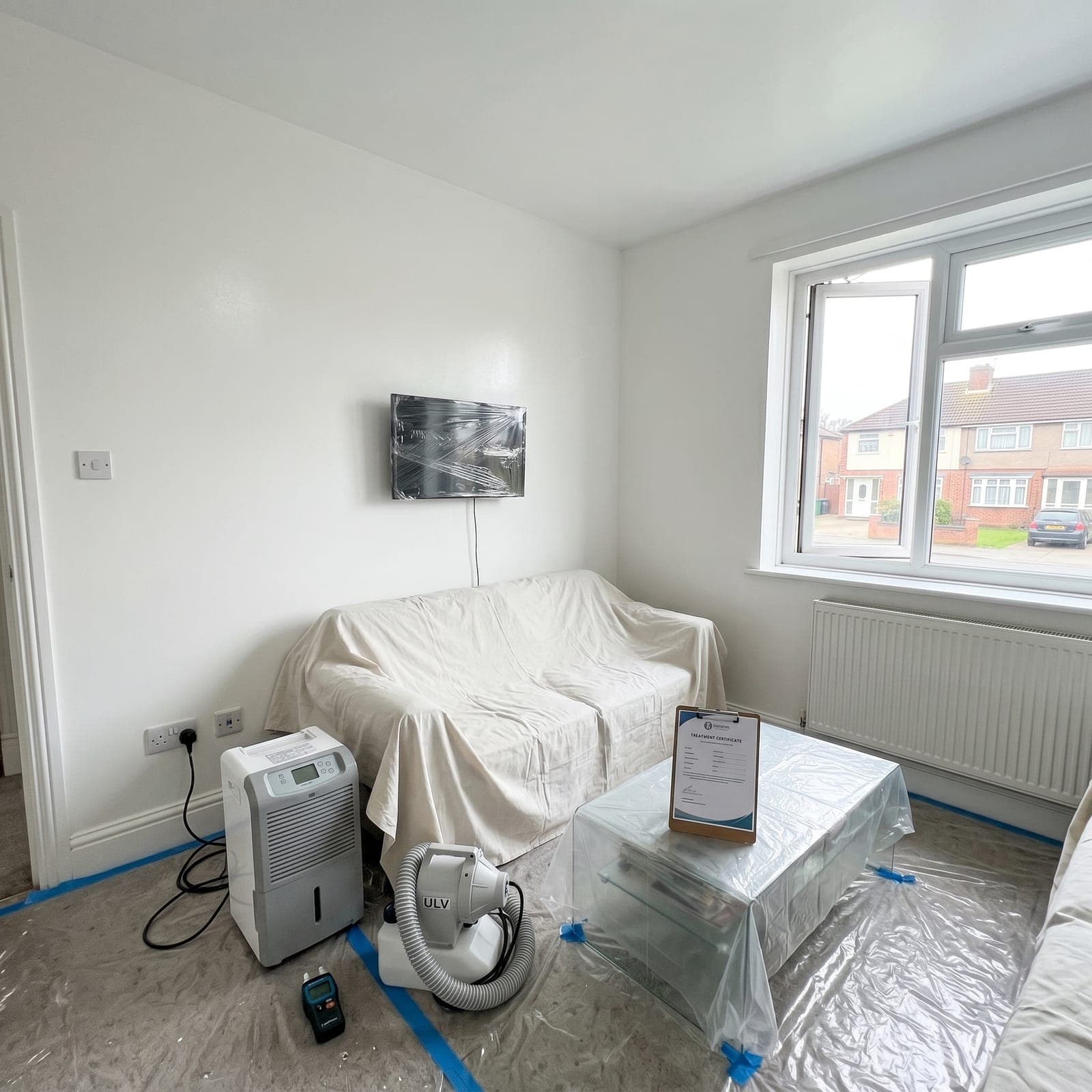 After mould removal - Watford 2-bed flat - whole-property treatment, dehumidifier fitted to fix the cause, all rooms refinished.
