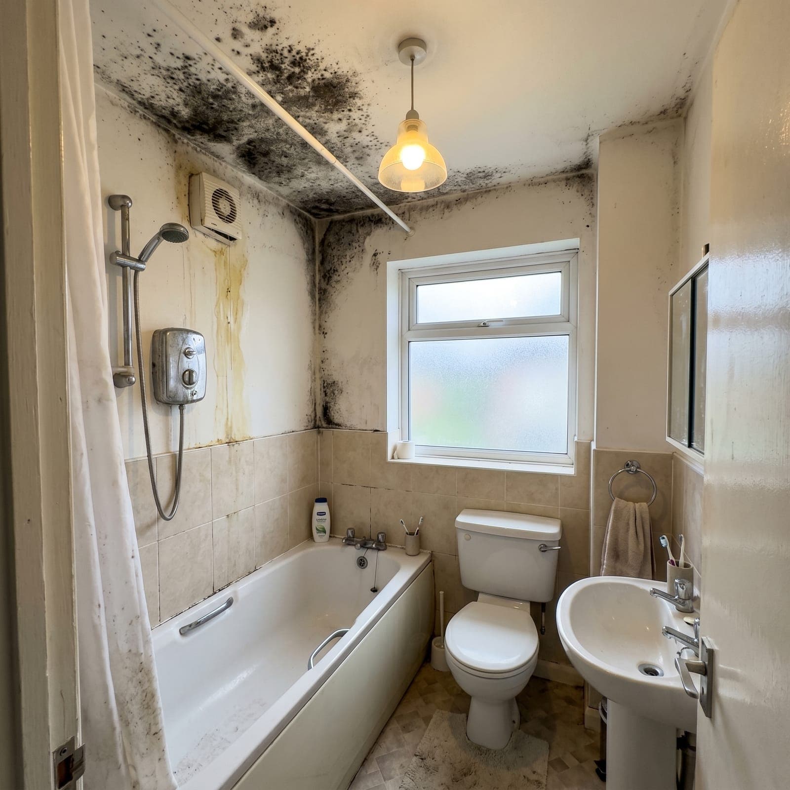 Before mould removal - Croydon bathroom - severe mould, failed extractor replaced at the root cause, anti-mould finish.