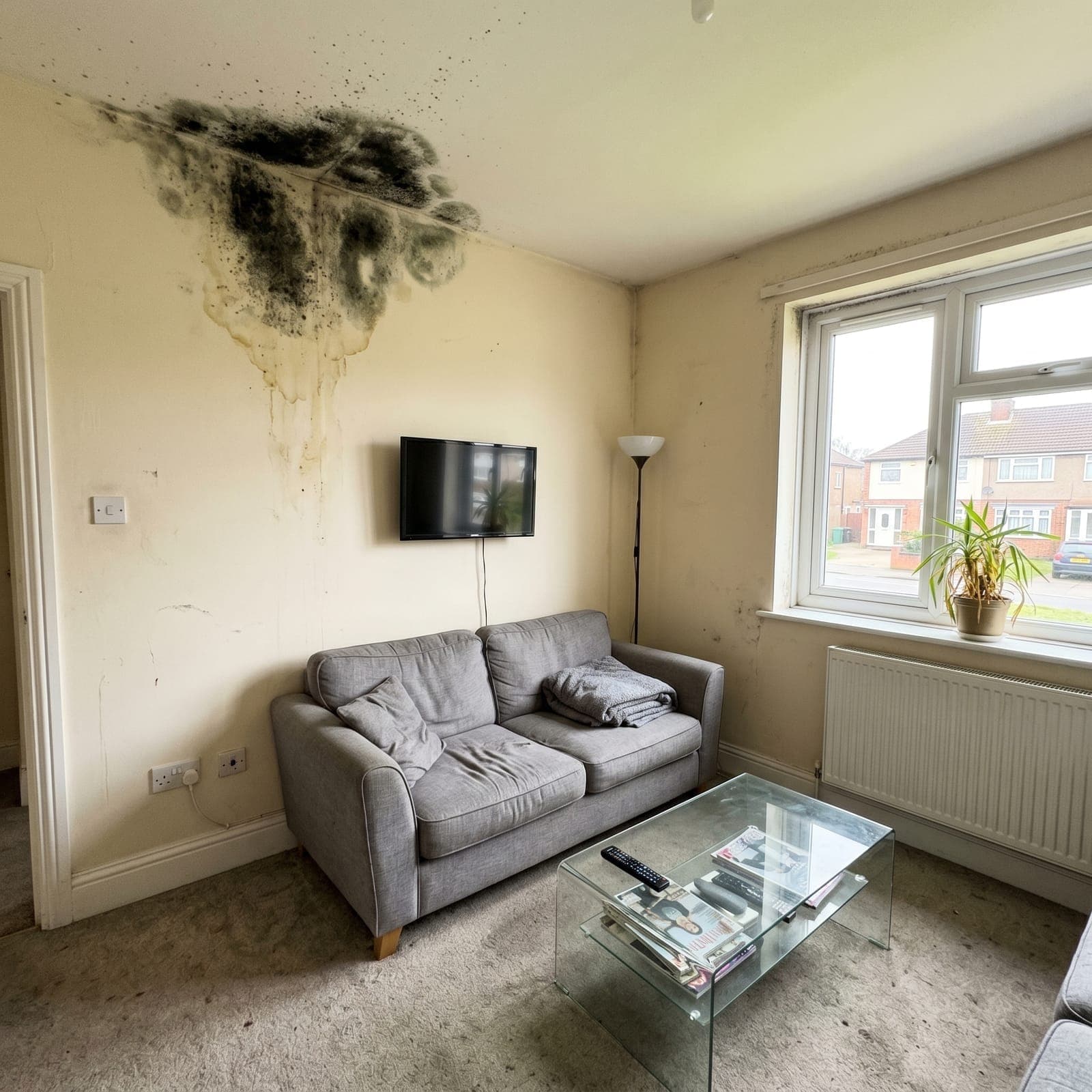 Before mould removal - Watford 2-bed flat - whole-property treatment, dehumidifier fitted to fix the cause, all rooms refinished.