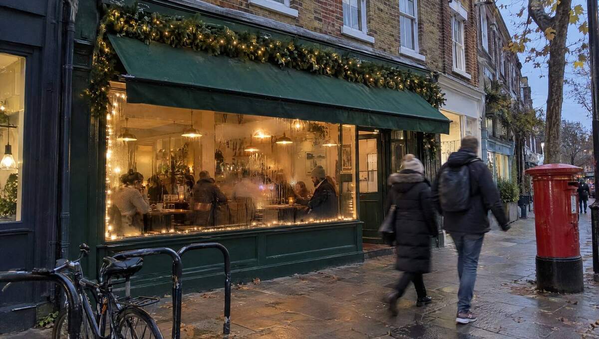 London high-street shopfront decorated with warm-white Christmas garlands and lights