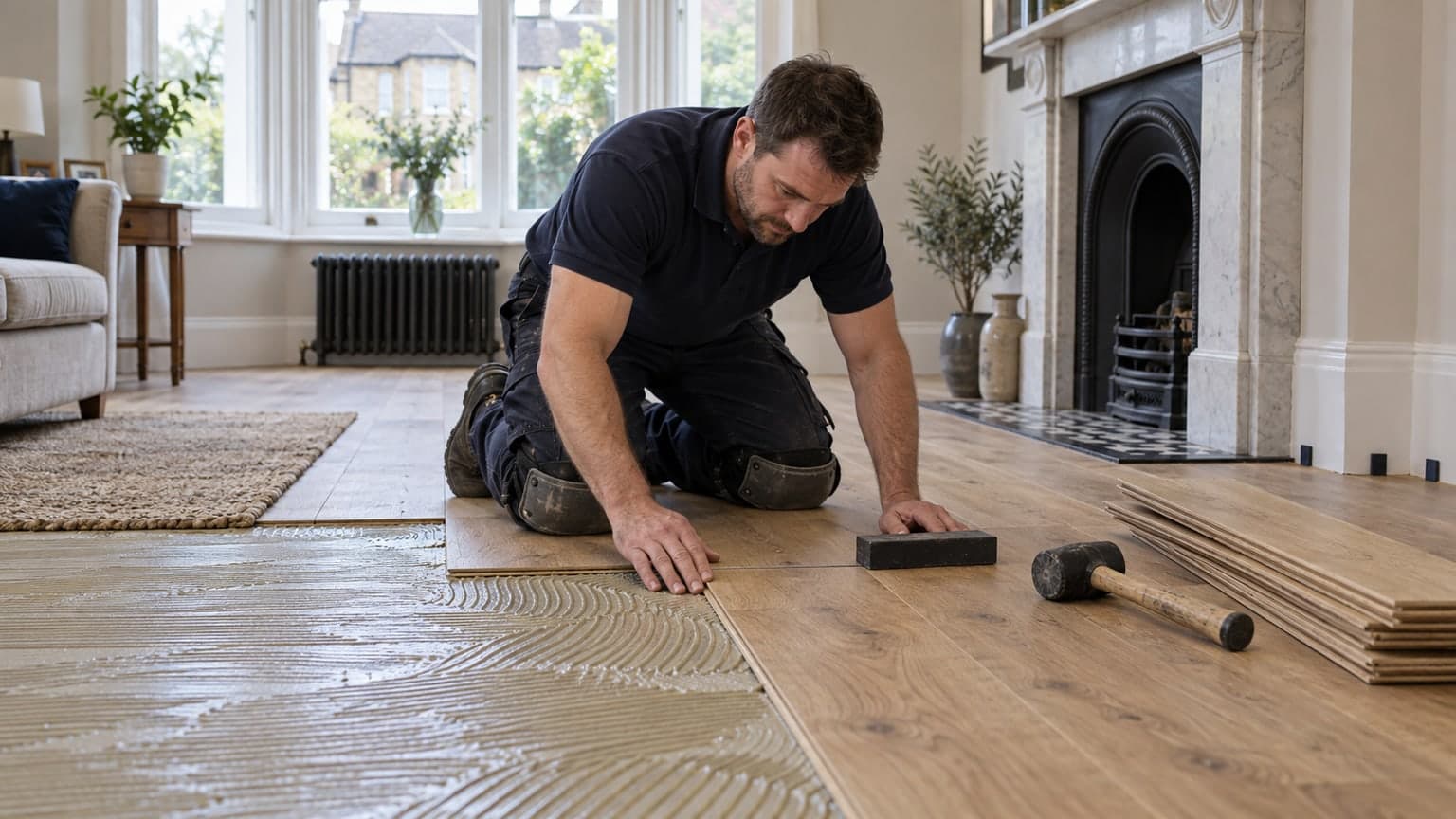 Flooring installer checking the fit of timber boards