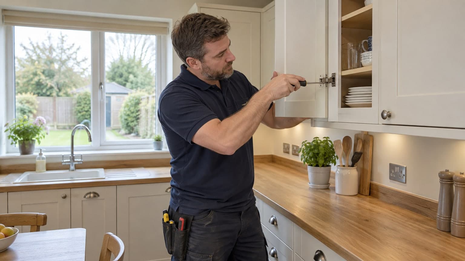 Kitchen installer checking cabinet alignment