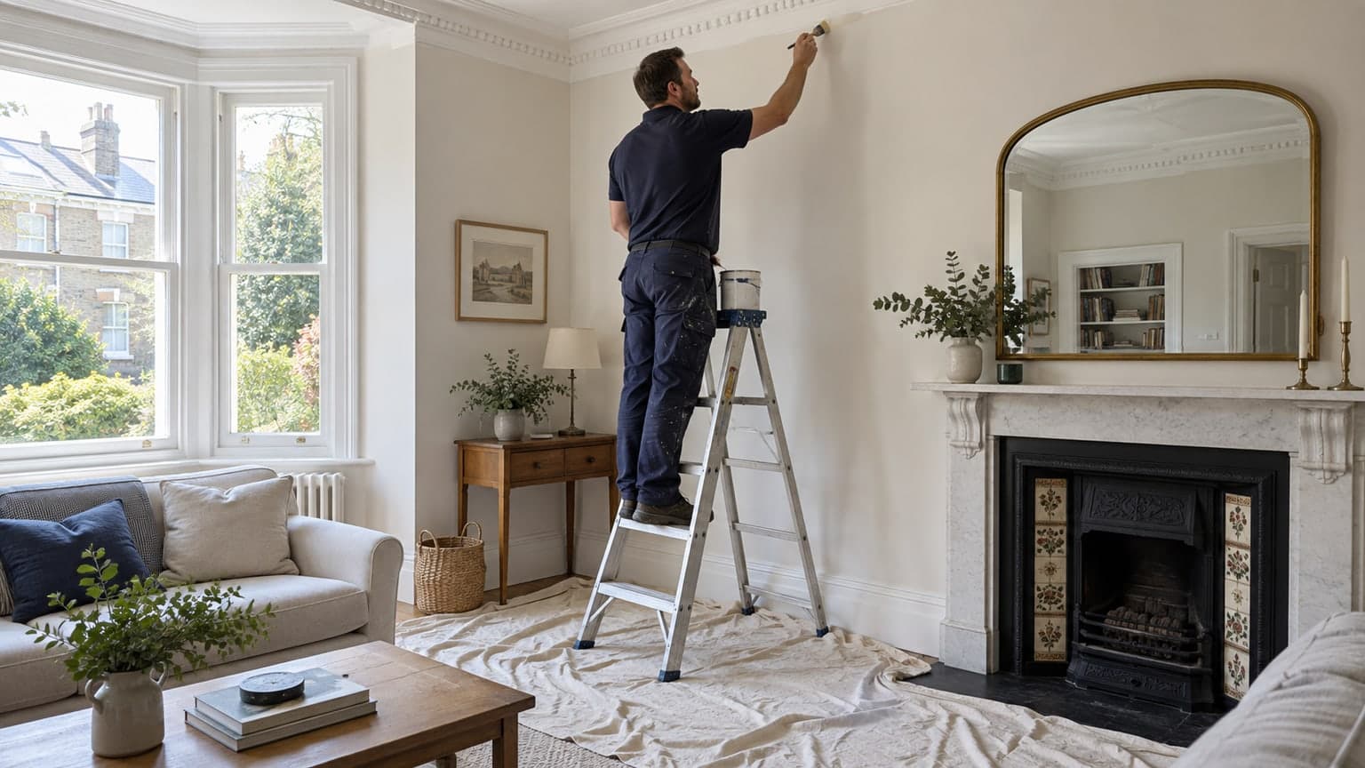 Decorator carefully finishing an interior wall