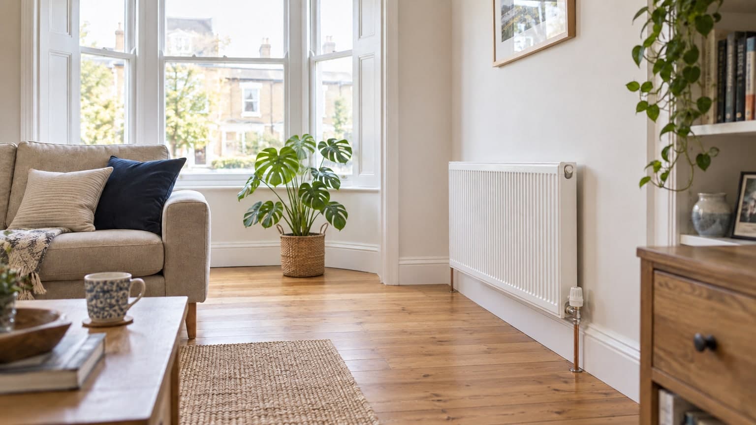 Bright living room with natural daylight and clean wall finishes