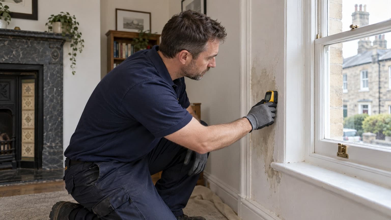 Surveyor assessing a damp wall with a moisture meter