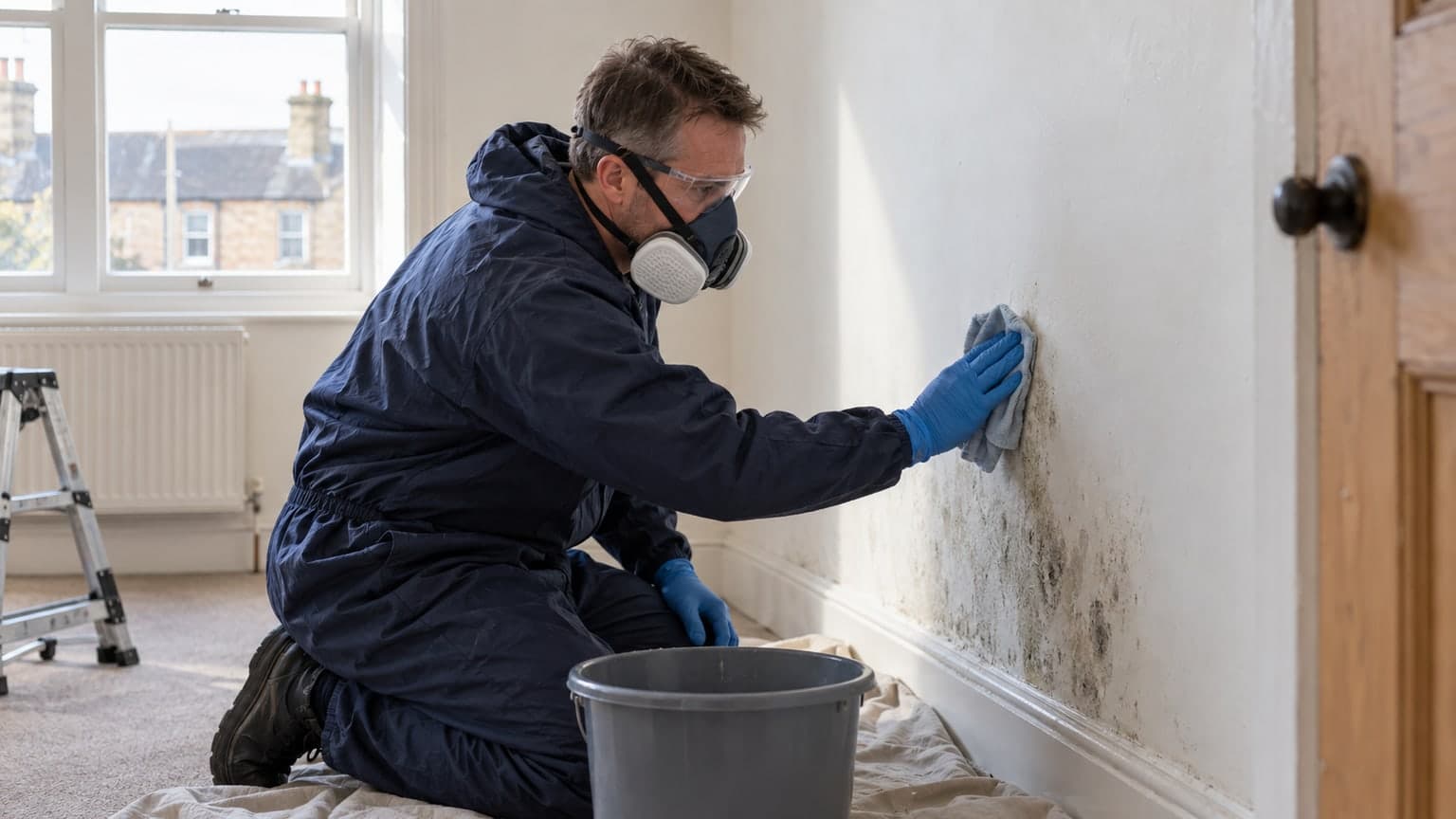 Protected technician carefully treating an affected wall surface