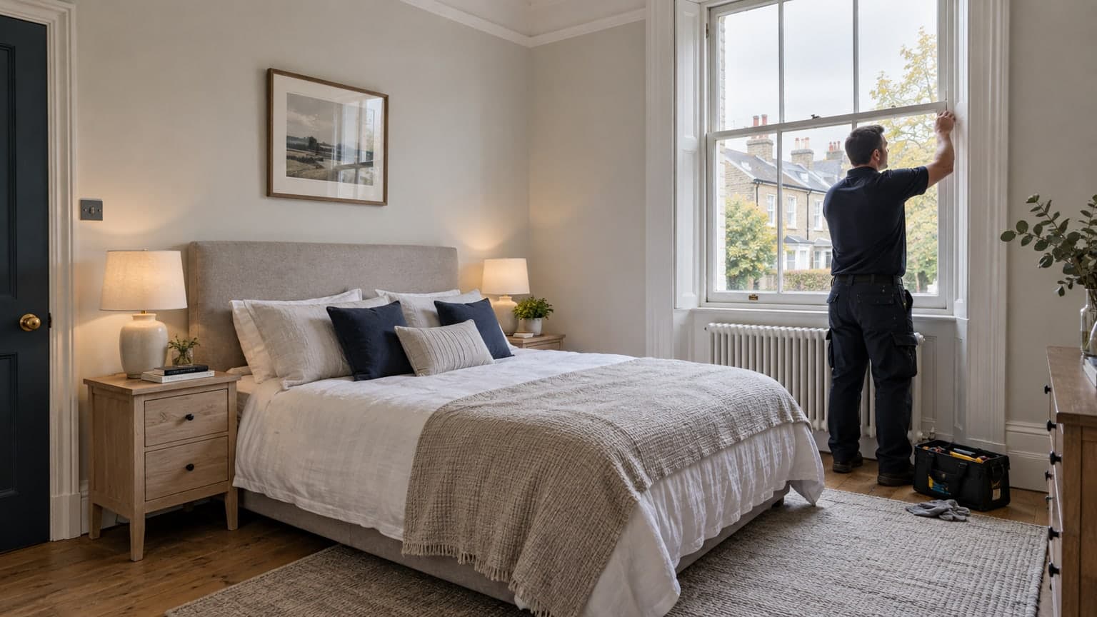 Maintenance professional checking ventilation at a bedroom sash window