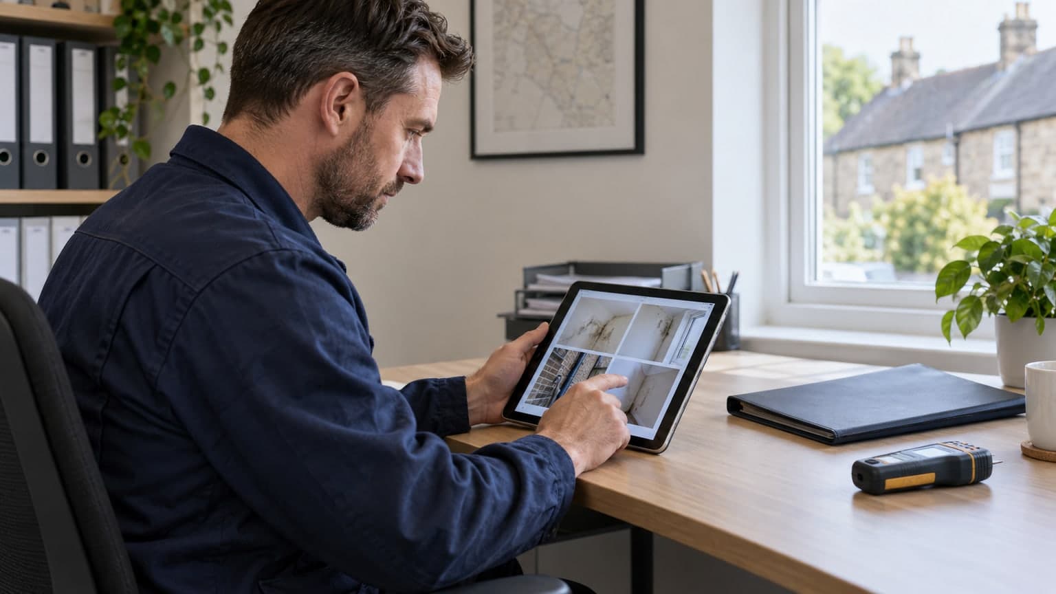 Surveyor reviewing property photographs on a tablet