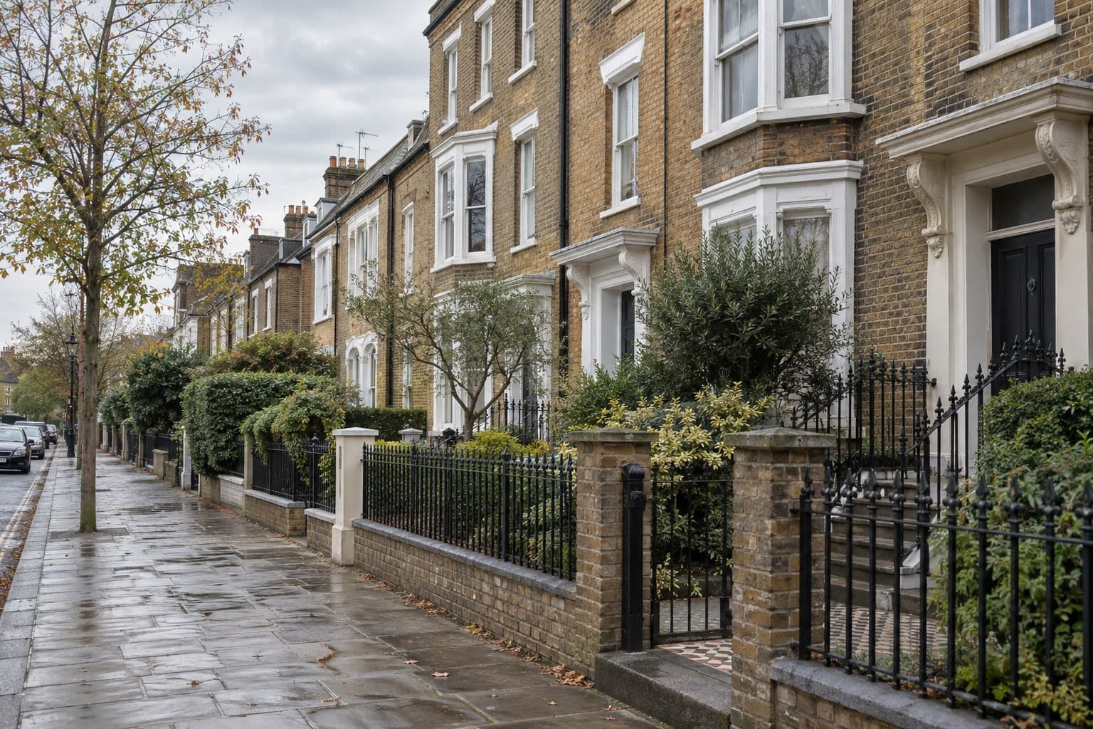 Residential street with Victorian brick houses in London