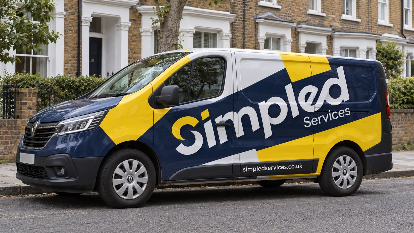 Simpled van in navy and yellow livery parked on a London residential street