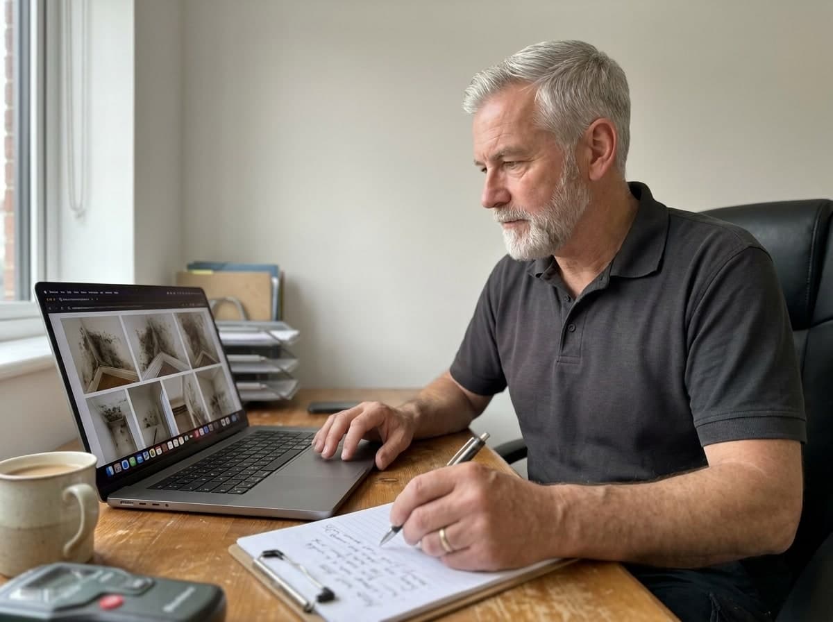 Specialist reviewing damp survey findings and photos for a London landlord
