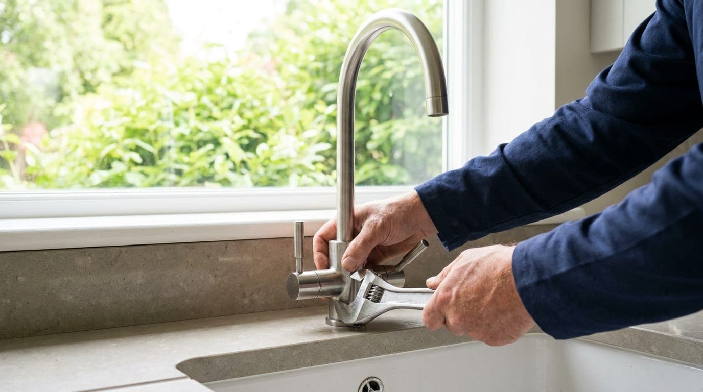 Plumber fitting a new kitchen mixer tap