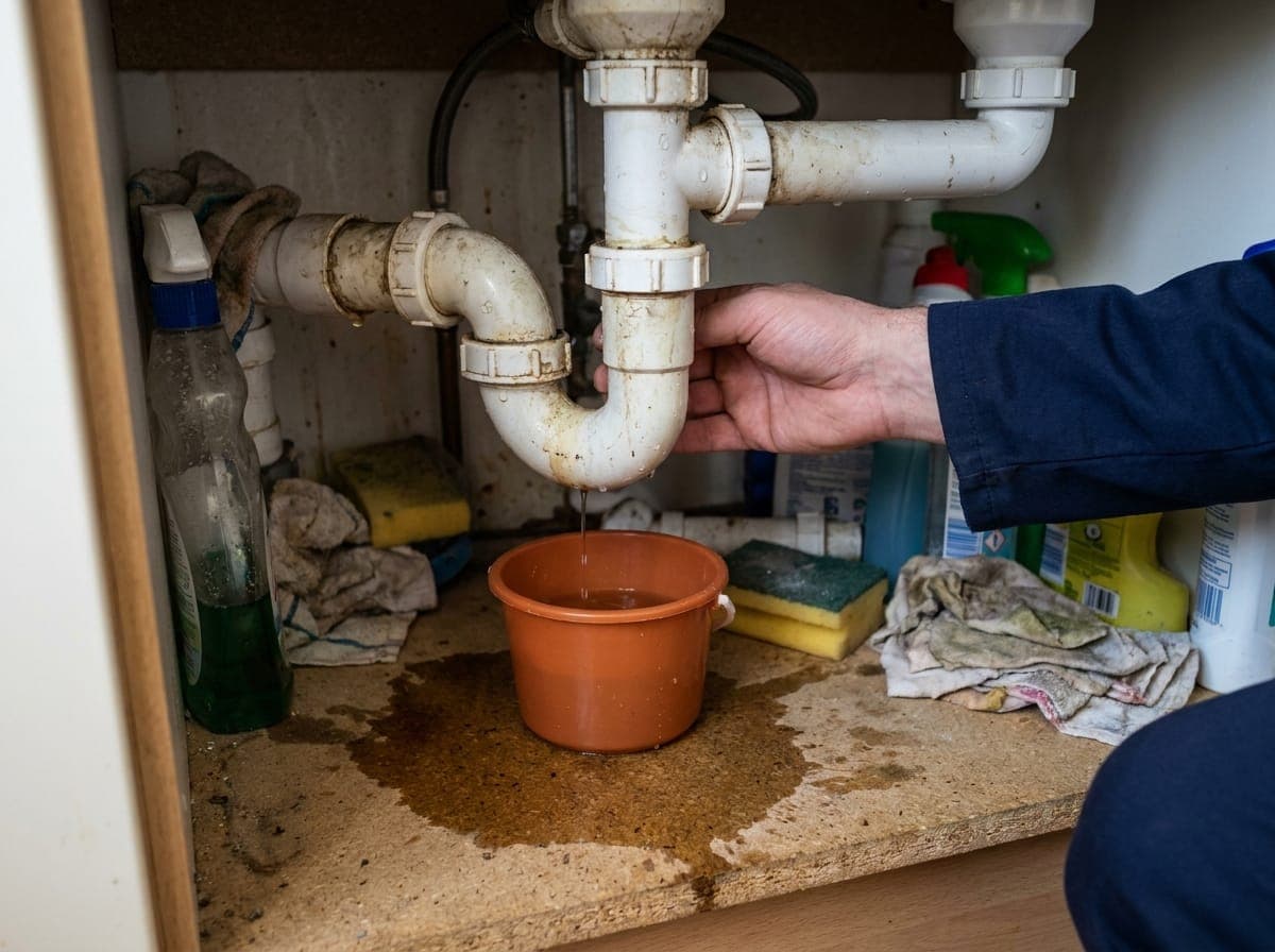 Emergency leak under a kitchen sink in a London home before repair
