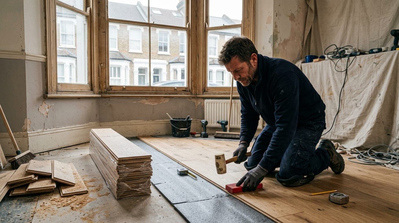 Flooring fitter laying engineered oak boards during a Victorian terrace refurbishment in London