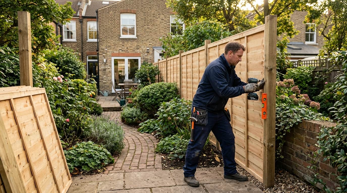 Landscaper installing new timber fence panels in a landscaped London garden