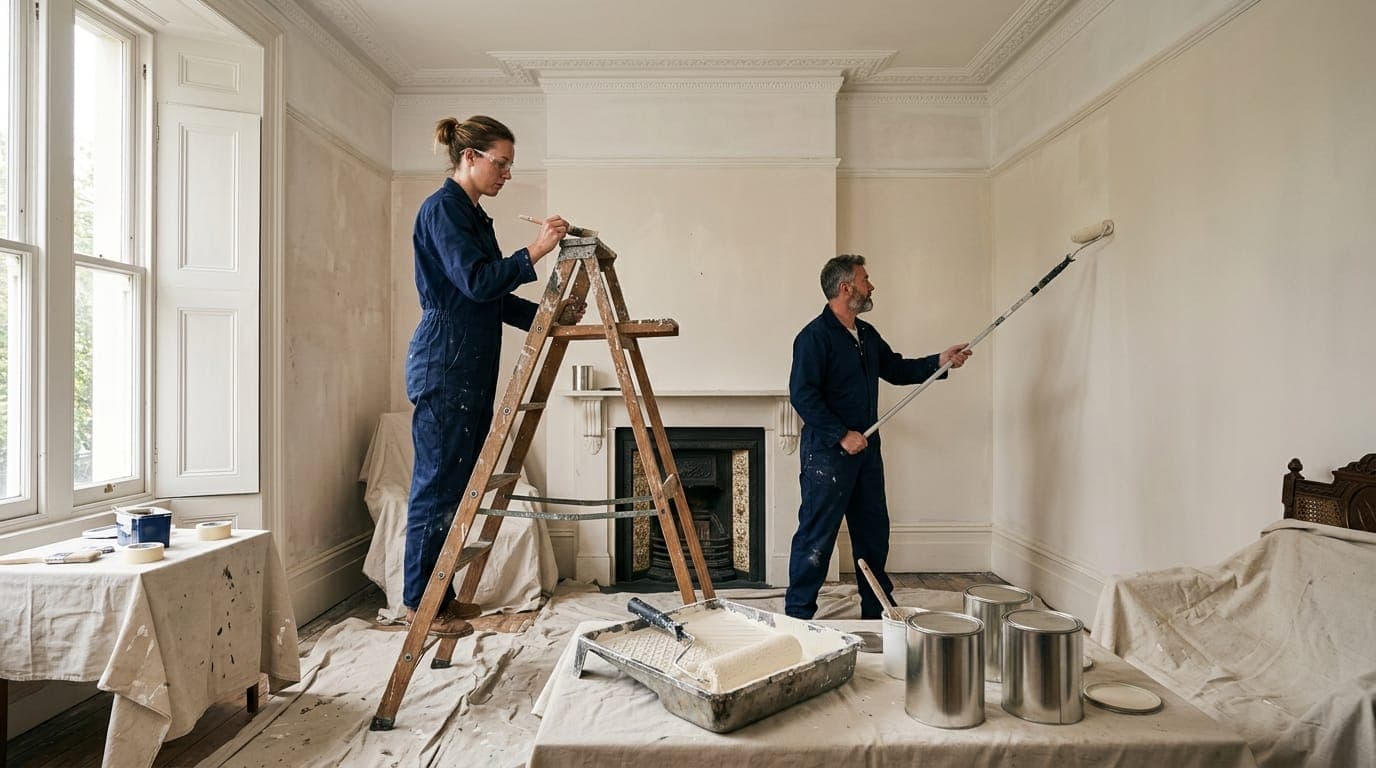 Decorator painting an interior wall
