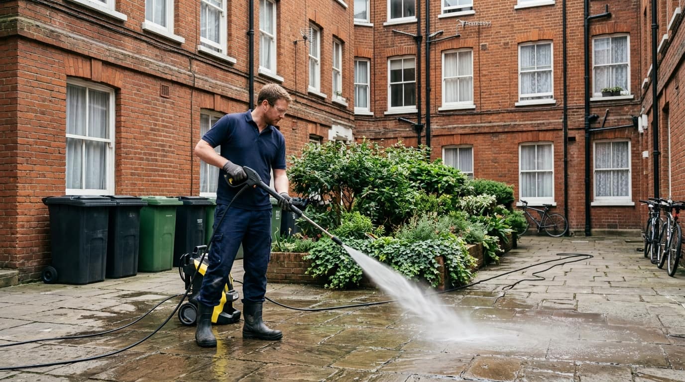 Property maintenance operative working on a residential block