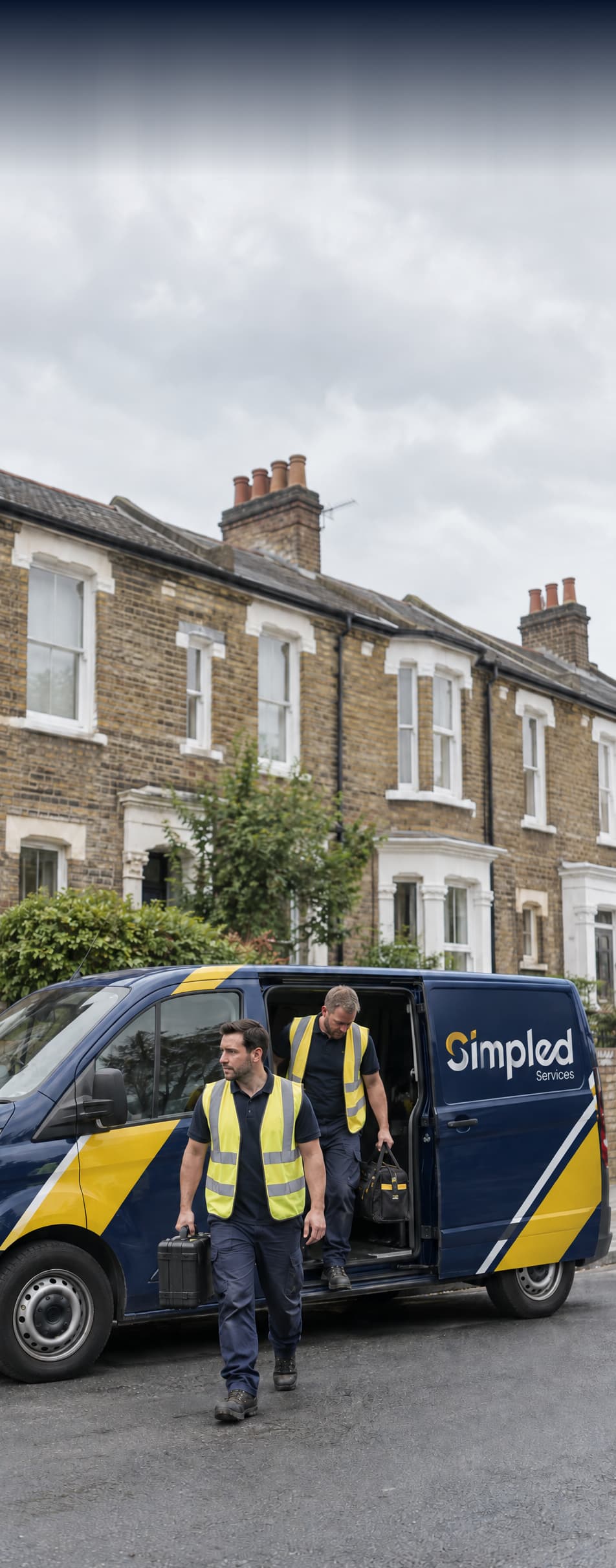 Two Simpled Services operatives stepping out of a branded Simpled van outside a London terraced house